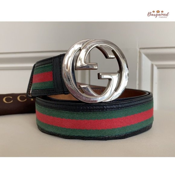 Authentic Gucci Web Green/Red Canvas Silver Interlocking G Buckle Belt 100/40 - Picture 12 of 13